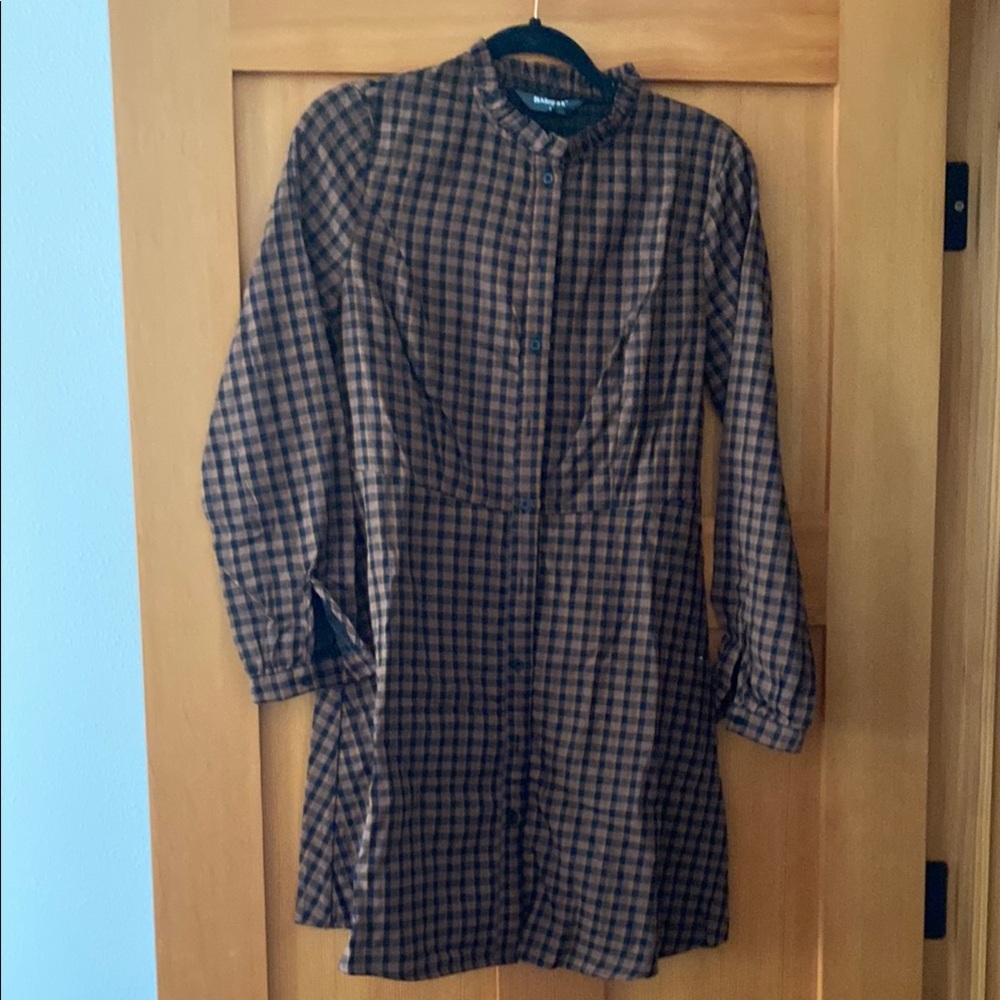 Brown and Black Plaid Long Sleeve Dress